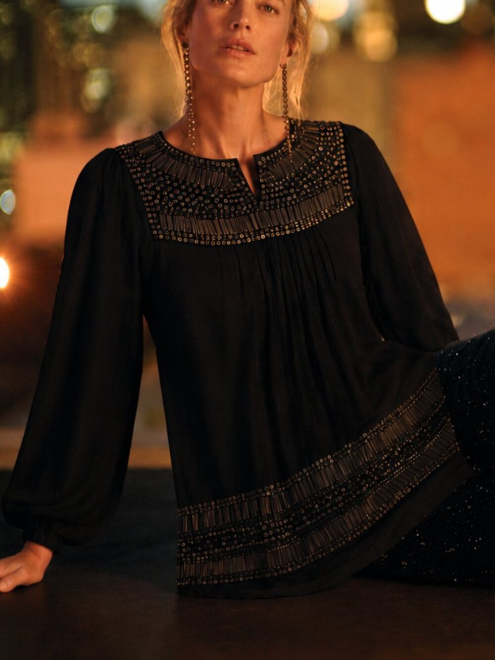 Sequin Embellished Jersey Long Sleeve Top (0386)